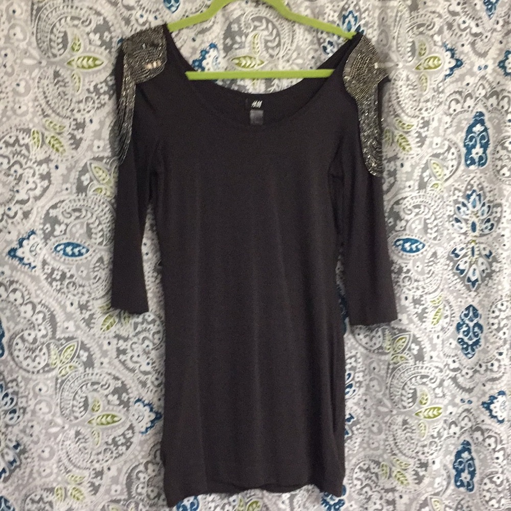 H&M Beaded Shoulder Mini Dress 3/4 Sleeve